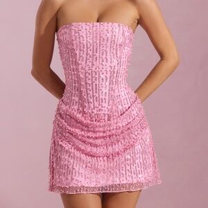 Oh polly Ziya dress -  Embellished Draped Strapless A-Line Mini Dress in Pink